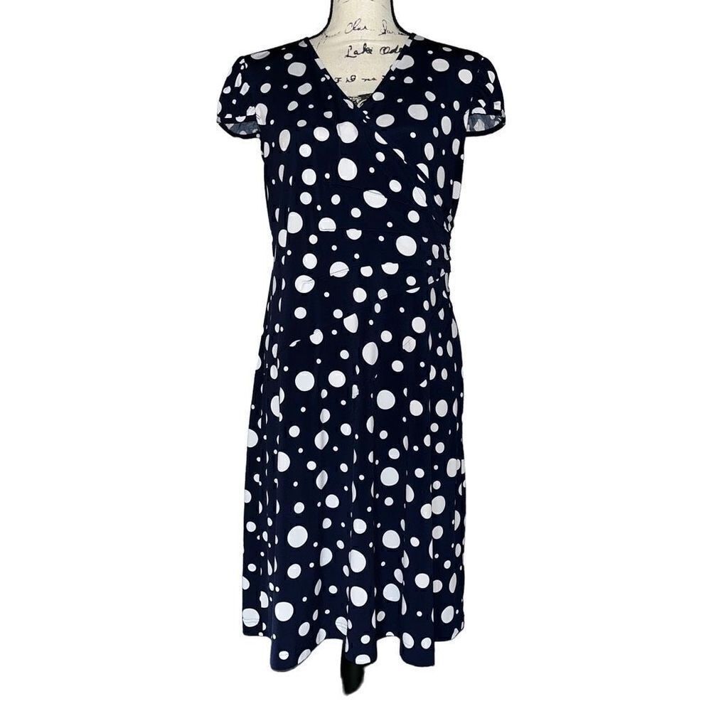 Dorby navy white polka dot faux wrap dress 12P‎